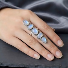 Natural Moonstone gemstone Long Ring 925 Sterling Silver handmade ring