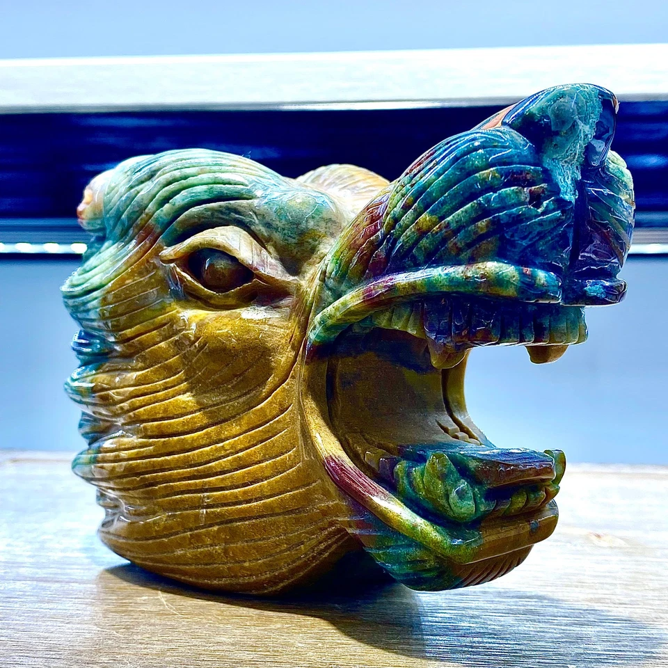 Cabeza de lobo jaspe océano - Escultura de cristal curativo amarillo verde - 966G - Imagen 2 de 4