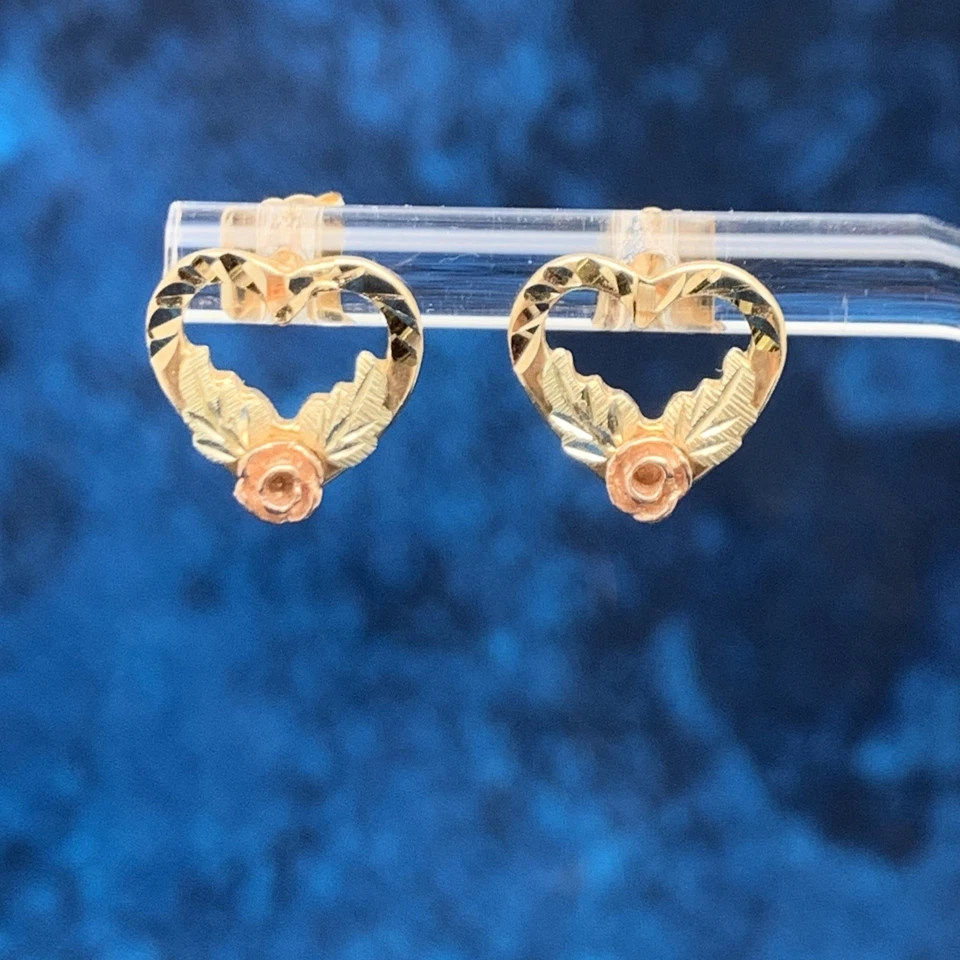 10kt Gold Earrings Black Hills Gold w 14kt Backs Heart Shaped Etched Rose Leaves - Image 2 of 4