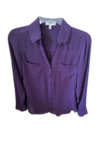 Express Portofino Button Up Shirt Roll Tab Purple Pockets Long Sleeve Small