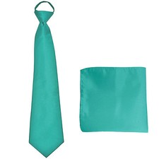 New Polyester Men's ready knot pre tied neck tie  hankie solid formal aqua blue