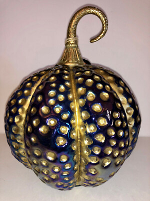 BLUE PURPLE & GOLD HALLOWEEN GLASS PUMPKIN WITH GOLD STEM.  GORGEOUS!