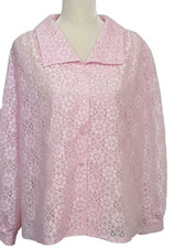 Vintage Top Blouse XL Pink Lace Long Sleeve Button Front Made in USA