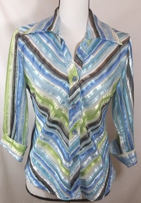 Dressbarn Size Small Women S Blue Sheer Top 3 4 Cuff Sleeve Button