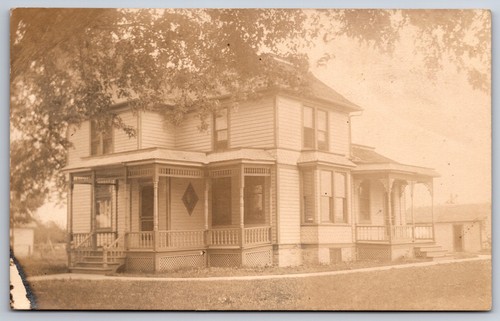 Folk Victorian Home~2 Fancy Porches w/Balustrades~Diamond, Bay Windows RPPC 1910