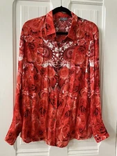 BASLER Vintage Long-Sleeved Blouse with Collar with Red Rose Design SZ XL/1X