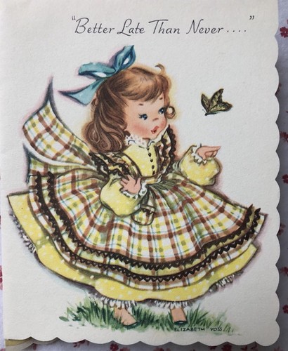 Vintage 1950s Elizabeth Voss Birthday Card Little Girl Ruffled Dress Butterfly - 第 2/7 張圖片