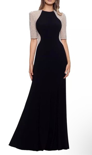 Xscape Illusion kurzes Damenkleid mit Perlenärmeln, schwarz/nude/silber Größe 12