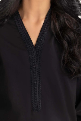 Women Black Pakistani Shalwar Kameez Handmade Lace Embellish Plain