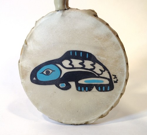 Rawhide Rattle Drum 9" Hanging Handpainted Fish Signed KW - Picture 5 of 12