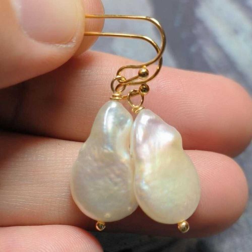 Natural AAA Baroque White Coin pearl Dangle Earrings Handmade Anniversary - Picture 3 of 4