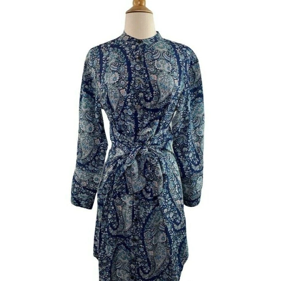 Vestido camisero de seda J.Crew $228 con corbata frontal en cachemira de gran tamaño talla 2 BB642 Foto 4 de 4