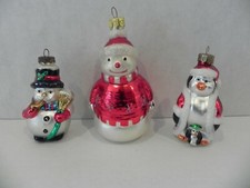 Lot of 3 Snowman  Penguin Blown Glass Christmas Ornaments