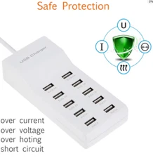 60W 10-Port USB Charging Station Fast Charger Hub for iPhone iPad Samsung Tablet