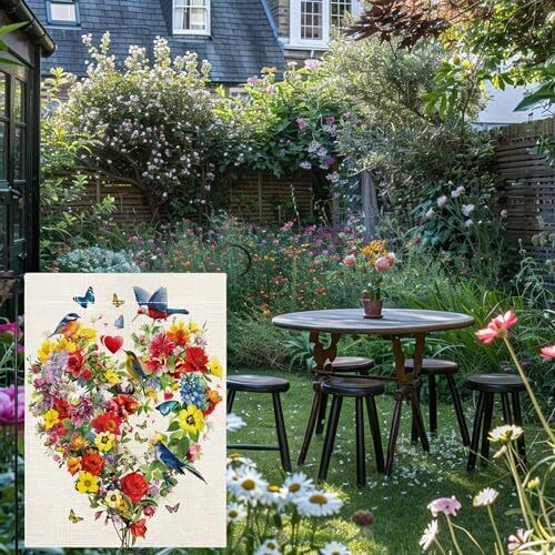 Birds Flowers and Butterflies Garden Flag, 12x18 Inch Double Sided Burlap, N - Foto 4 di 7