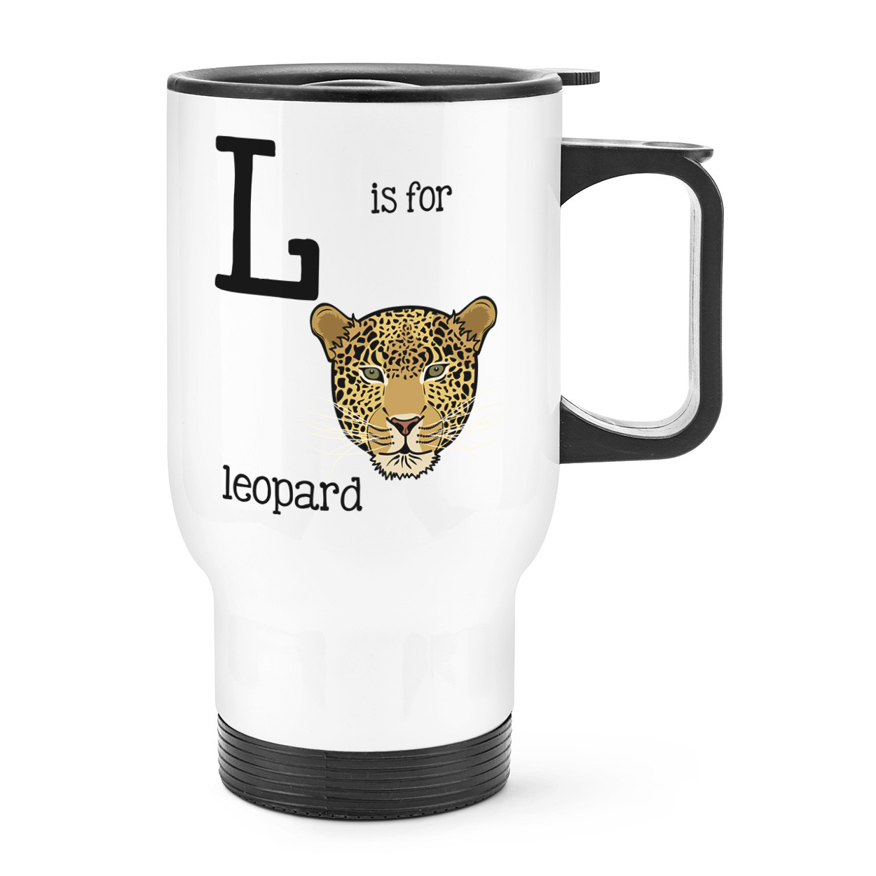 Letter L Is For Leopard Travel Mug Cup With Handle - Funny Animal Thermal Flask