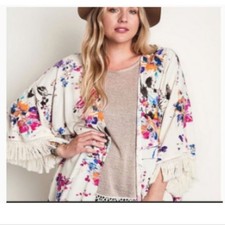 Umgee Floral Frindged Open Front Kimono Size Large