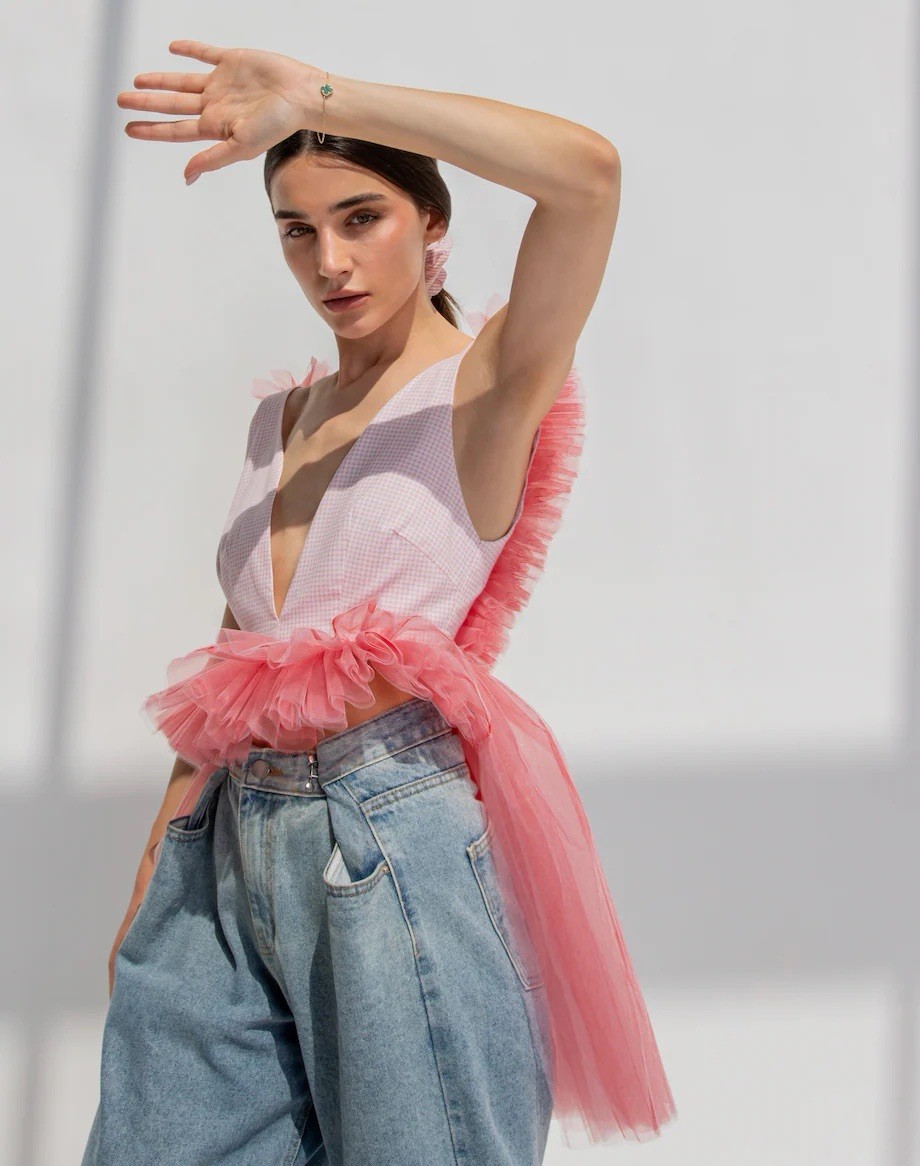 Top ShopBubblegum Zita en Tul Rosa y Guinga - Nuevo con Etiquetas Talla S