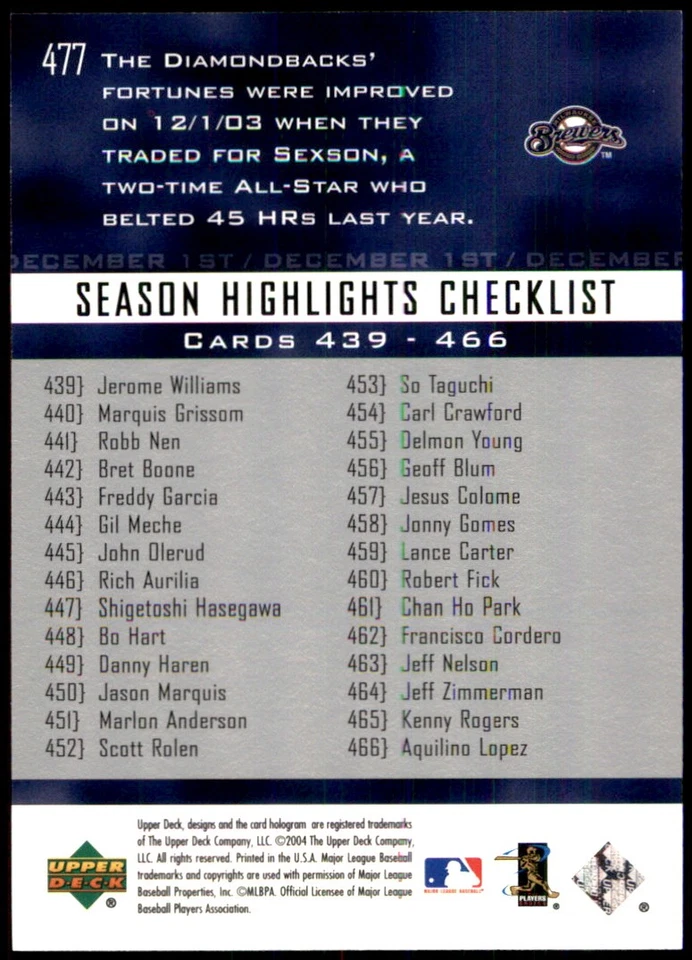 Richie Sexson 2004 Upper Deck #477 Diamondbacks MLB READ FREE SHIP AutographDen - Image 2 of 2