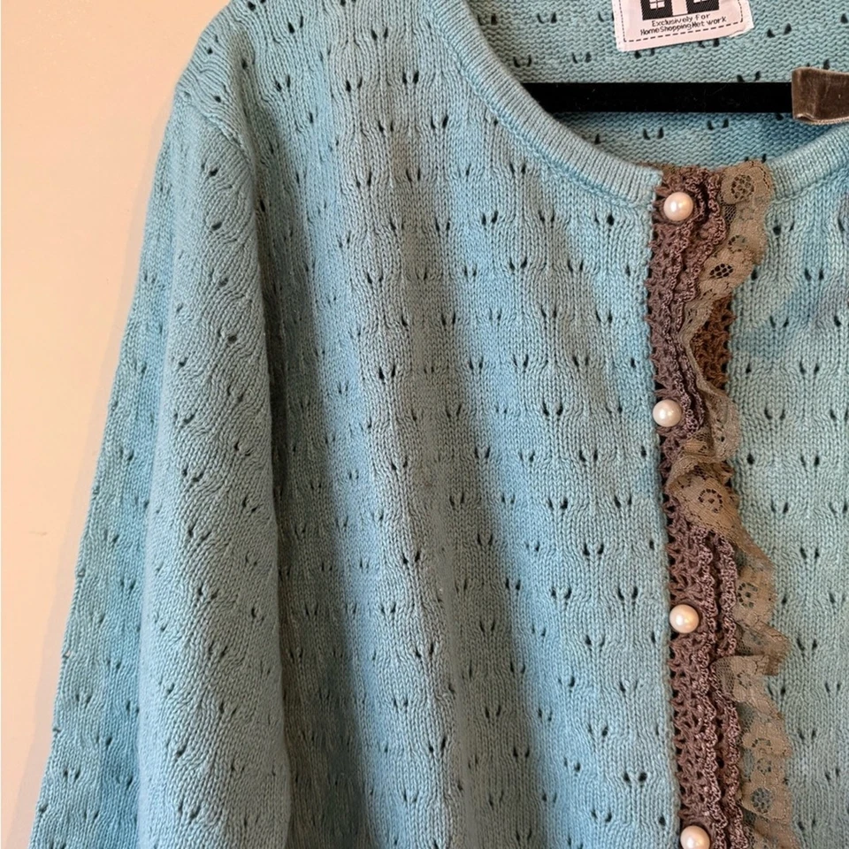 Libro de cuentos tejidos para mujer grandeza encantador suéter 2X encaje terciopelo lazo perla botón Foto 4 de 4