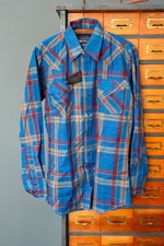 Panhandle Slim Vintage USA Plaid Western Cowboy Pearl Snap Button Shirt L Blue