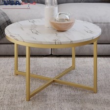 Stylish Round Coffee Table Faux Marble Top W/ Metal Crossbeam Base Decor Gold US