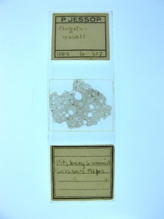 Vintage microscope slide by P. Jessop. Augite basalt. Pitsberg summit. Alps.
