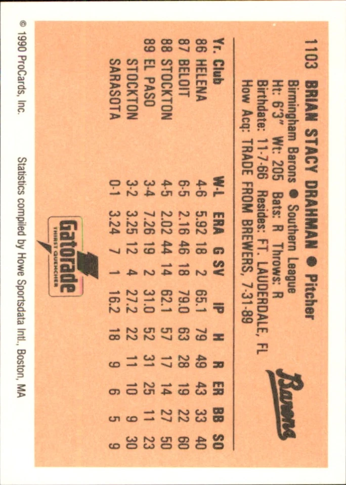 Brian Drahman 1990 ProCards #1103 RC Birmingham Barons AutographDen - Image 2 of 2