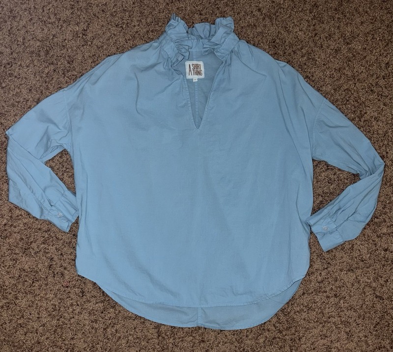 A SHIRT THING Penelope Top Blue Size Small Ruffle Collar