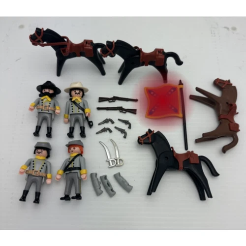 Vintage Playmobil C onfederate Civil War Cavalry Lot Horses Flag Rifles Soldiers