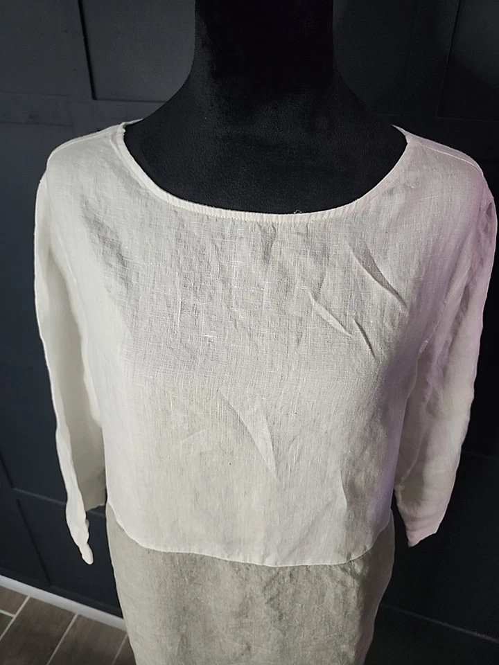 Tahari Dress, 100% Linen, Medium, Pockets, Gray And White, 3/4 Sleeves - Image 3 of 4