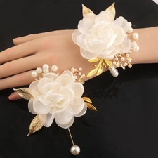 2 PCS White Satin Rose Wrist Corsage Boutonniere Set Wedding Prom Party
