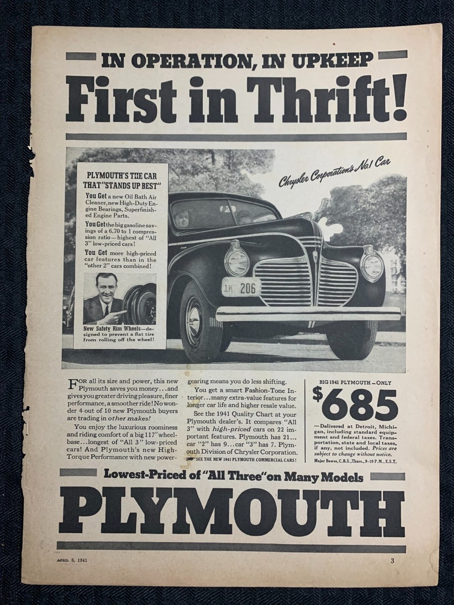 1941 PLYMOUTH 8.5x12&quot; Automotive Print Ad VG 4.0 First in Thrift 