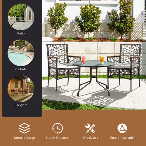 2pcs PE Wicker Patio Bistro Chairs Acacia Wood Armrests w/ Cushions Outdoor - Picture 4 of 7