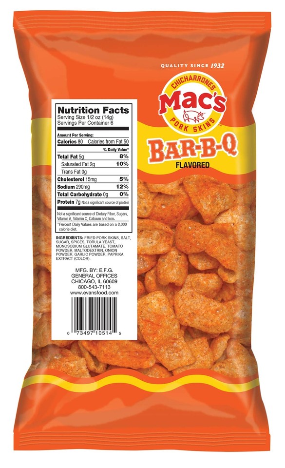 Mac's Pork Rinds, Fried Pork Skins, Chicharrones, BBQ Barbecue (3