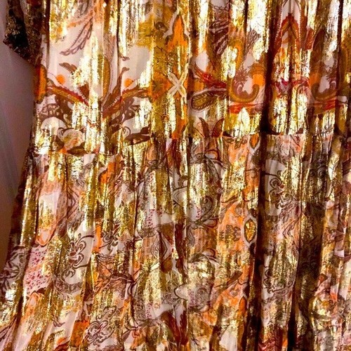 ZARA Gold Beige Metallic Thread Floral Shirred Midi Maxi Dress size L 14 16 - Picture 10 of 10