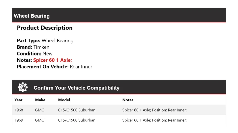 Cojinete de rueda interior trasero Timken para GMC C15/C1500 1968-1969 Suburban Foto 2 de 4