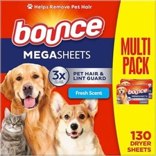 Bounce Pet Hair and Lint Guard Mega Dryer Sheets, Fresh Scent, 130 Count