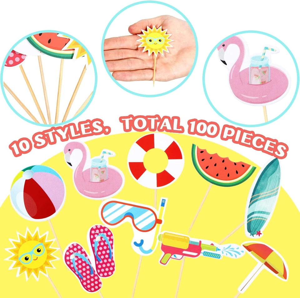 100 piezas adornos para cupcakes de playa de verano piscina fiesta temática hawaiana selecciones de pasteles con B Foto 3 de 4