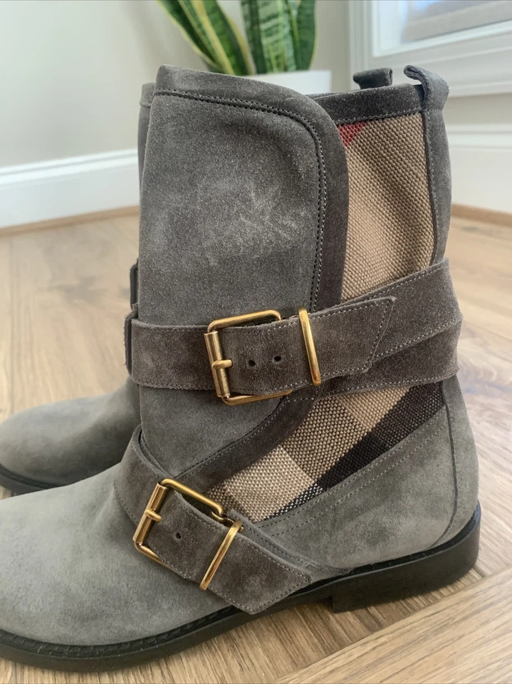 Botas de moto BURBERRY Nova Check Worcester gris gamuza al tobillo para mujer 35,5 ¡Nuevas! Foto 3 de 4