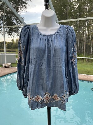 Kyla Seo Caite Karyn Issa Blouse Top Small Embroidered Tencel Puff Sleeve NWOT