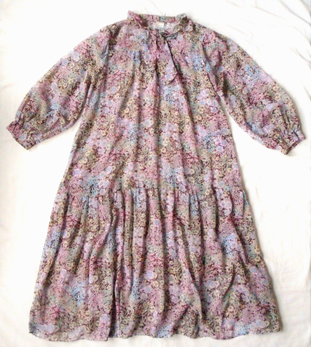 Sukienka midi vintage lata 70. - styl warstwowy - drobna gaza kwiatowa - ok. S/M - Zdjęcie 1 z 6
