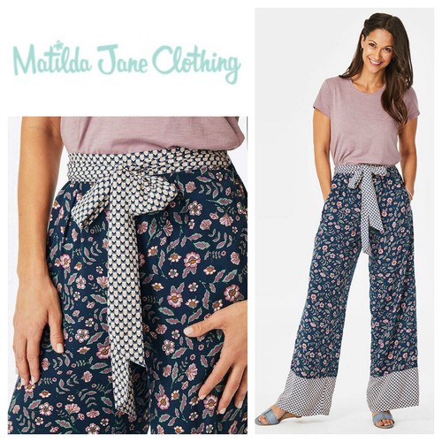 Medium Floral Wide Leg Belted Navy Blue 