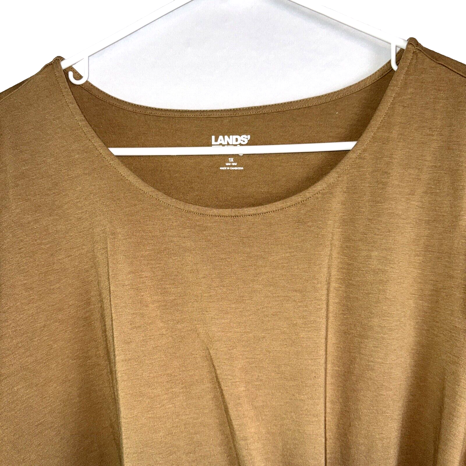 Lands End Womens Plus Size 1X Brown Short Sleeve Casual Cotton Shirt Tan