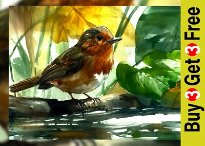 Rotes Rotkehlchen auf Zweig Gemälde 5''x7'' Druck auf mattem Papier Wald Garten Vogel Kunst