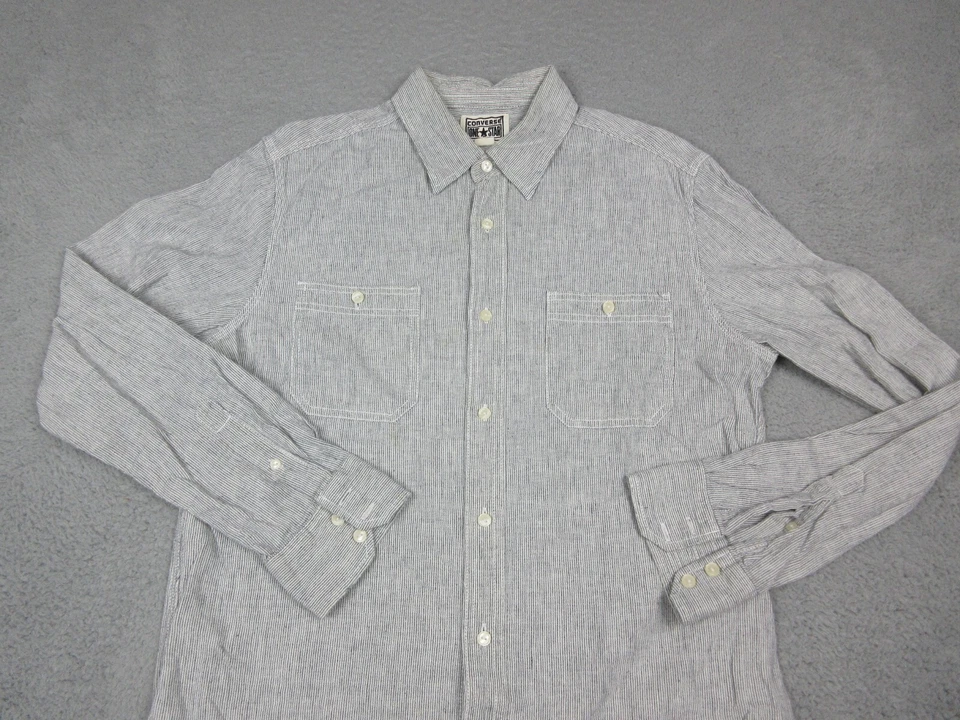 Converse Shirt Mens Medium Gray White Stripes Button Up Long Sleeve Casual - Image 3 of 4