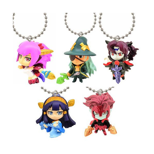 HOLY ISIS WATER mascot and ball key chain figures in colorful outfits with silver chains, PAD background, and mini car illustrations.