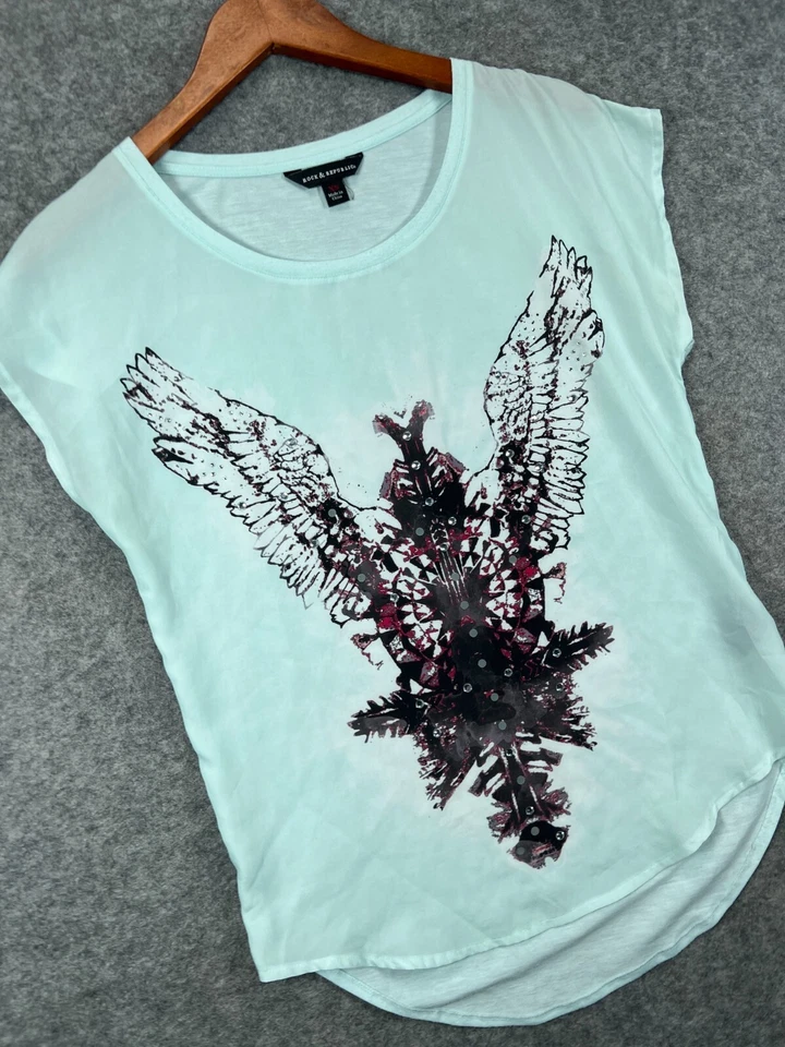 Camisa Top Blusa Manga Corta Rock & Republic Mujer XS Azul Alas Estrás Foto 2 de 4