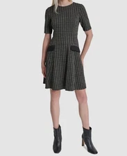 DKNY Womens Black Jewel-Neck Lined Short-Sleeve Fit & Flare Dress Size 16