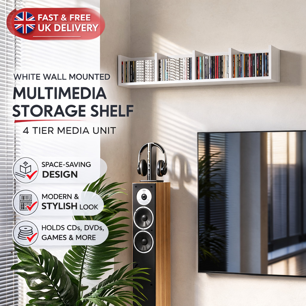 Game Multimedia Storage CD DVD Shelf Tower Rack Wooden Stand Unit White